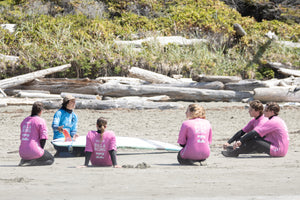 Group of people in a surf lesson wearing pink rash guards sitting on a sandy beach with driftwood and vegetation in the background.