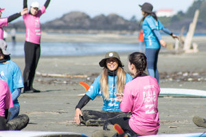 Group of people on a beach with surfboards, wearing bright rash guards during a surf lesson.