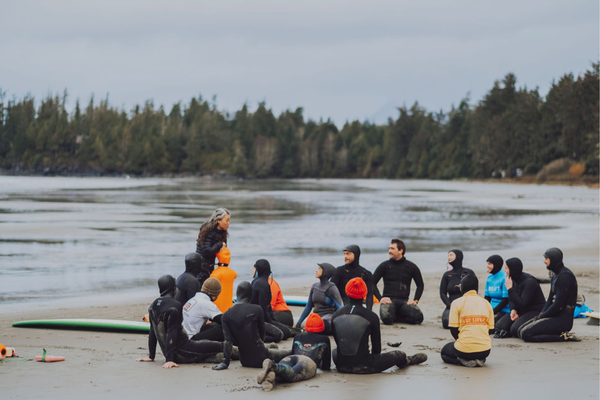 Group of people in wetsuits sitting on a beach with a forest and water in the background