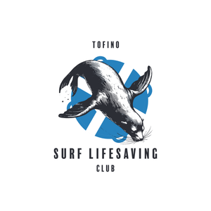 Logo of Tofino Surf Lifesaving Club with a seal illustration on a white background