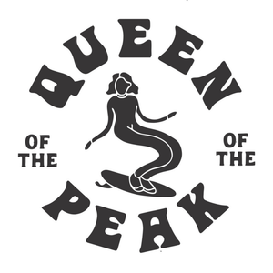 Logo with a silhouette of a person on a surfboard and text 'Queen of the Peak' around it.