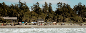 Beach scene with people, event tents, and a forest in the background