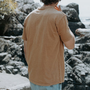 A person viewed from behind wearing a brown t-shirt and light blue jeans, standing outdoors against a rocky shoreline background.