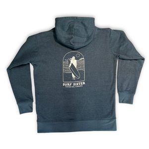 Blue hoodie with a 'Surf Sister' graphic on the back against a white background