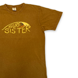 Squash colored t-shirt with 'Surf Sister' graphic on a white background