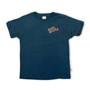 Blue t-shirt with 'Surf Sister' text on a white background
