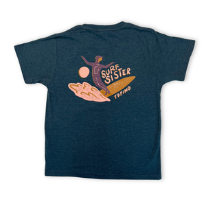 Blue t-shirt with a 'Surf Sister Tofino' graphic on the back against a white background