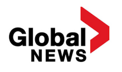 Global News logo with black text and a red arrow on a white background