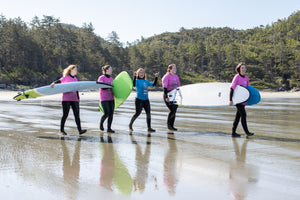 Five people carrying surfboards on a beach with trees in the background