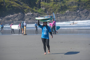 Woman holding a surfboard on her head at  the beach with others in the background