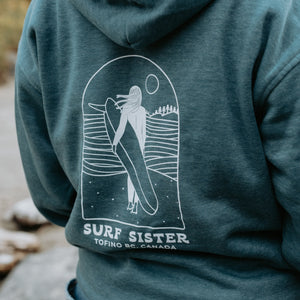 A close-up of a person wearing a blue hoodie outdoors. The back of the hoodie features a large white graphic of a surfer inside an arch with the text 'SURF SISTER' and 'TOFINO BC, CANADA'.