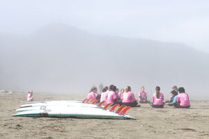 Group of people in pink rash guards sitting on a sandy beach with surfboards.